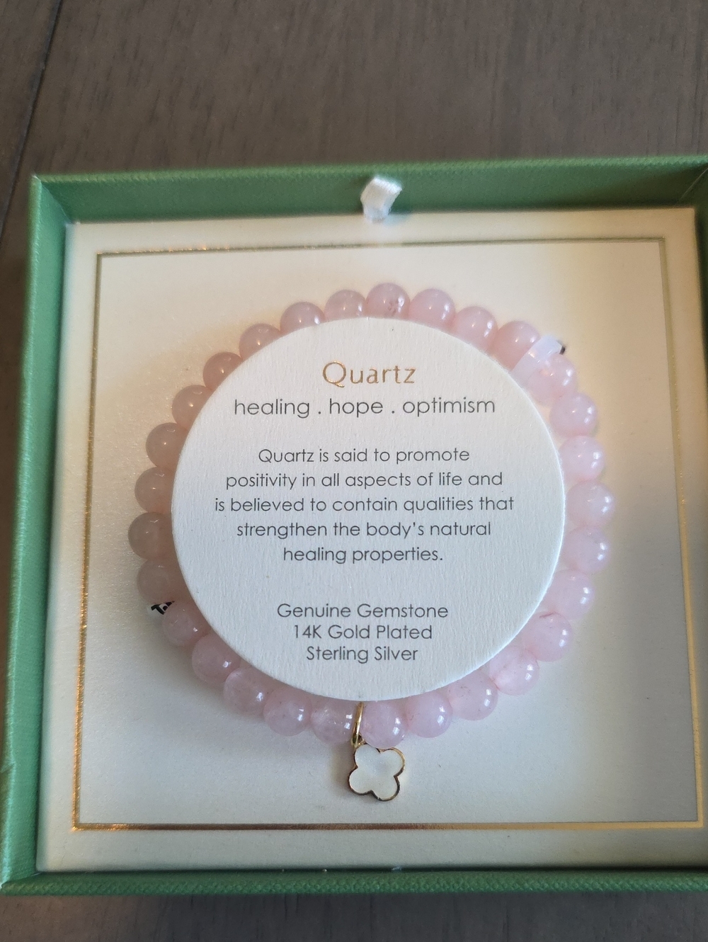 Rose Quartz Beaded Bracelet with Clover Charm - 14K Gold Plated Accent